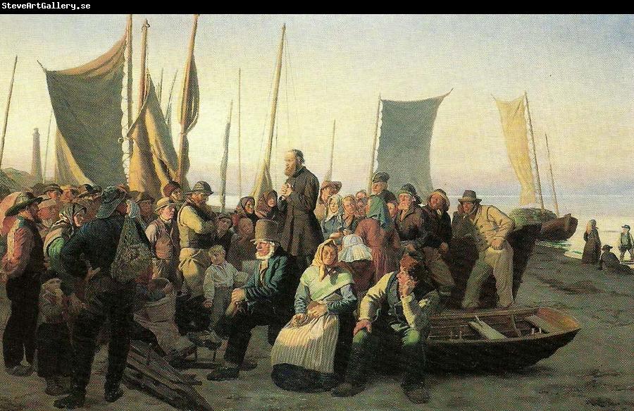 Michael Ancher en laegpraedikant holder gudstjeneste pa skagen sonderstrand